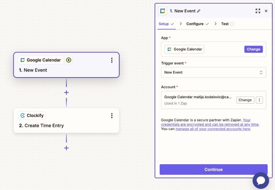 Connecting Google Calendar and Clockify in Zapier