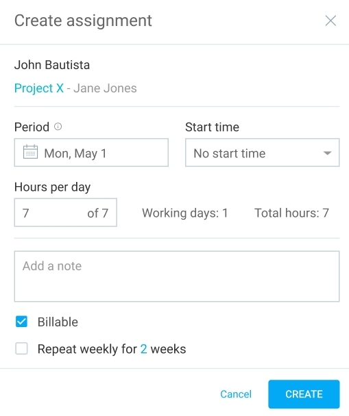 Creating an assignment in Clockify