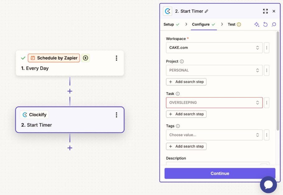 Scheduling a Clockify Timer Zap with Zapier
