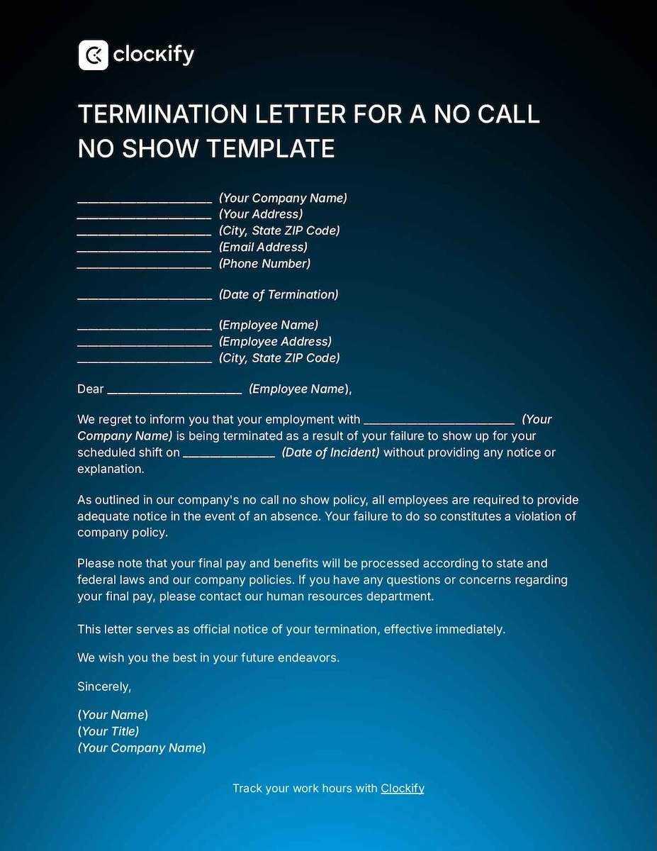 Termination letter for a no call no show template
