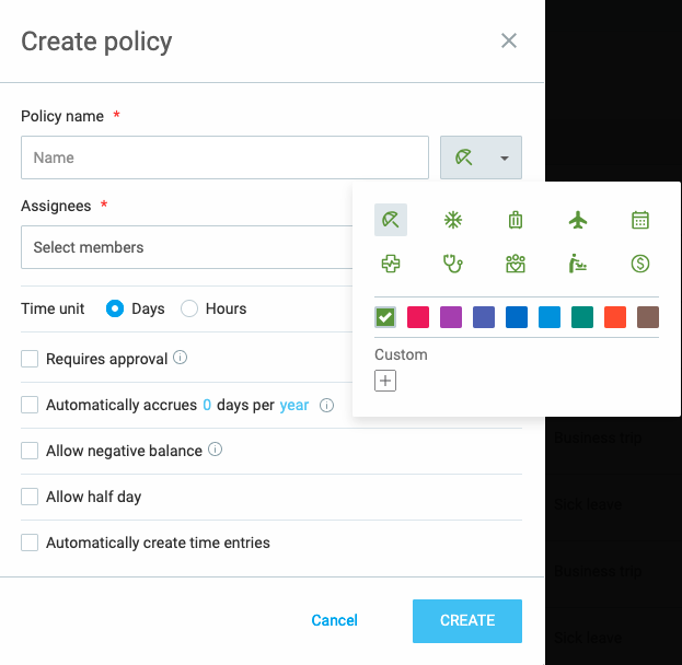 Create policy option in Clockify