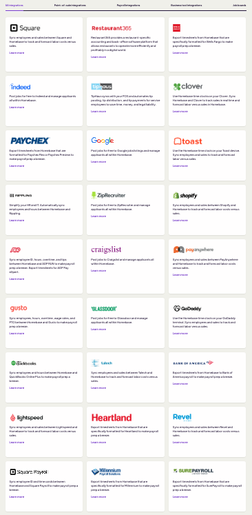 Full list of Homebase integrations