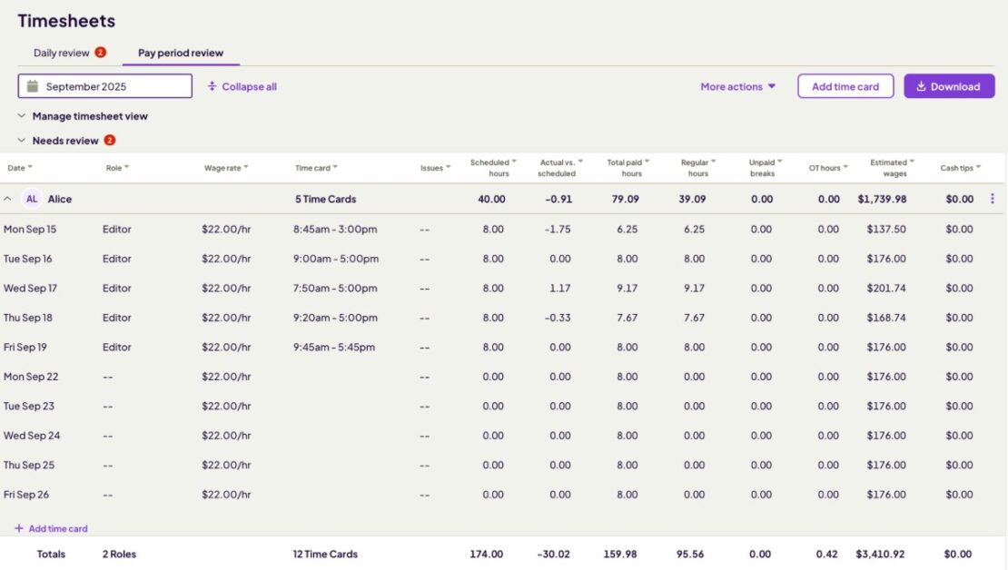 Homebase pay period review per employee