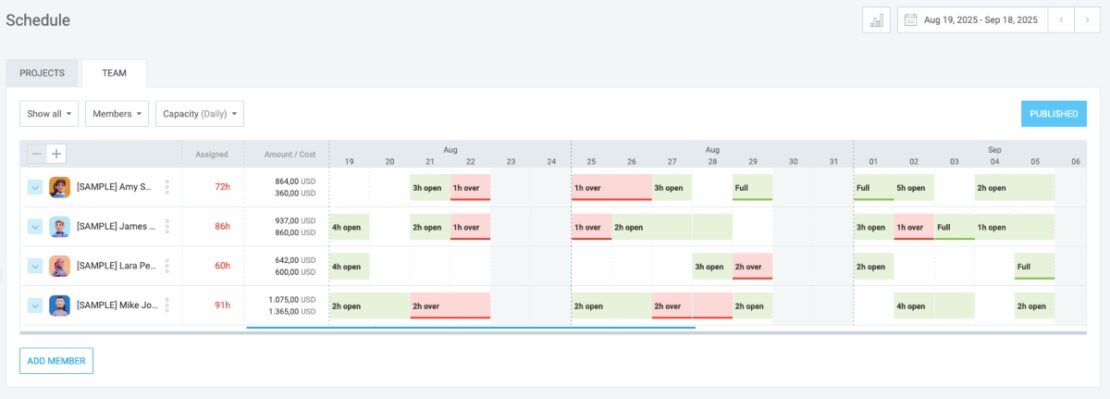 Team capacity in Clockify