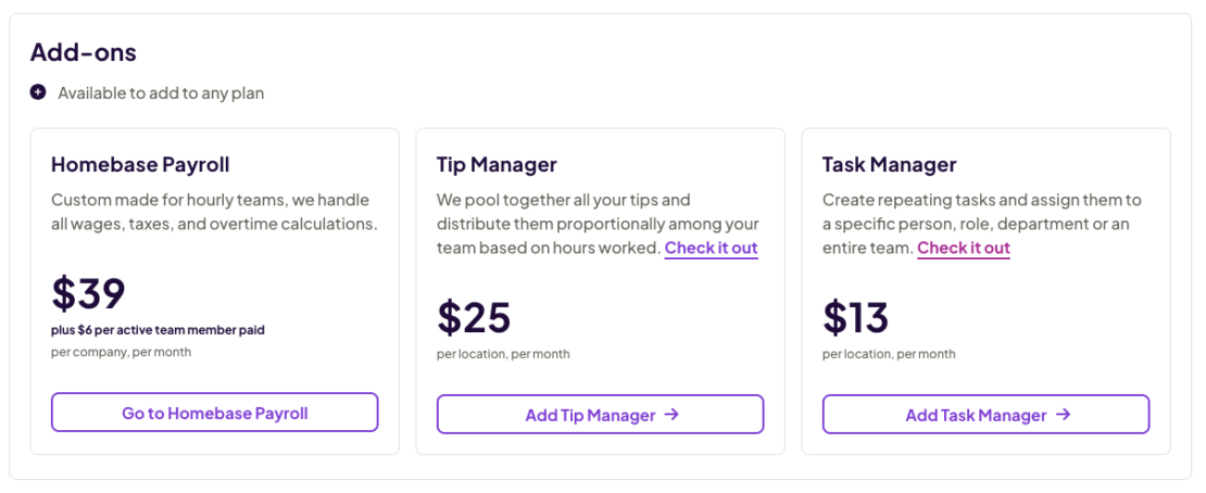 Homebase add-ons pricing

