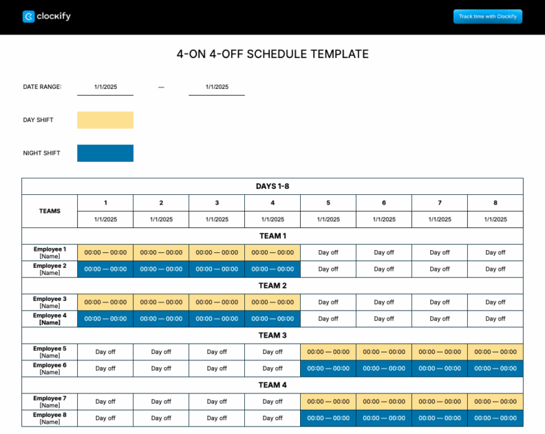 4-On 4-Off Schedule Template