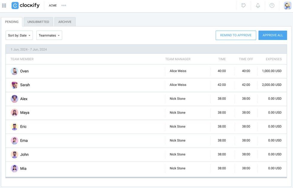 Approving timesheets in Clockify