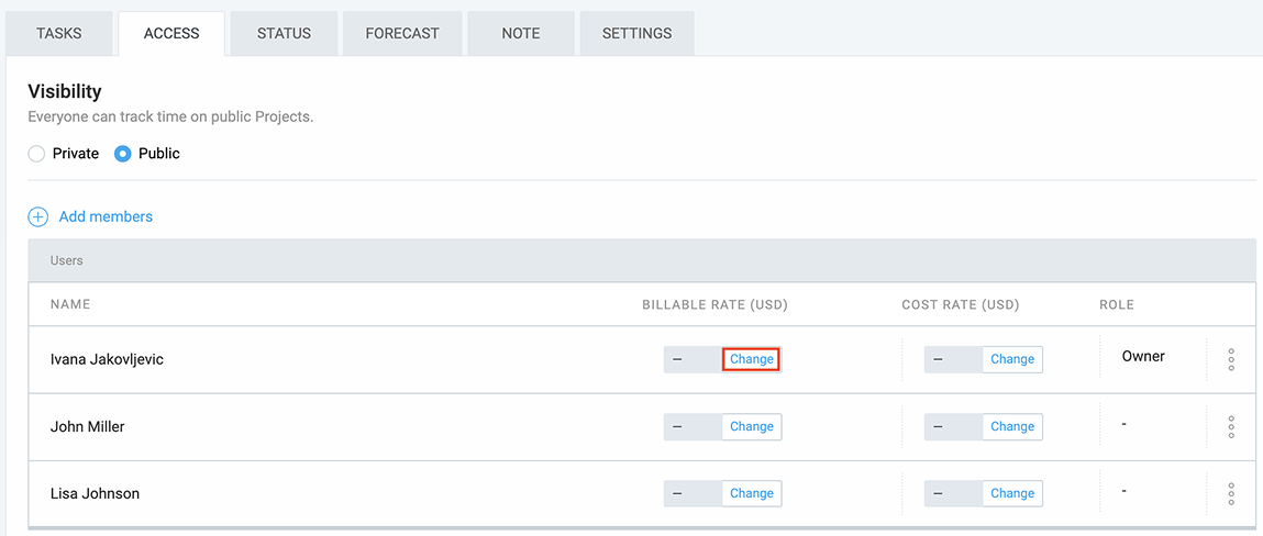 Changing billable rates in Clockify
