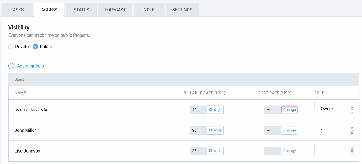 Changing cost rates in Clockify