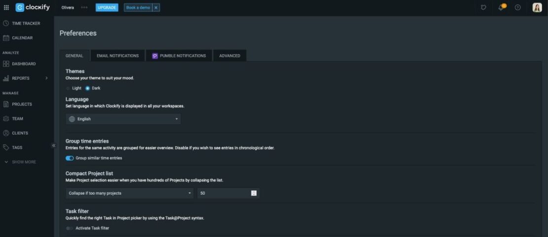 Enabling dark mode in Clockify