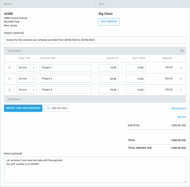 Clockify-generated invoice with payment details