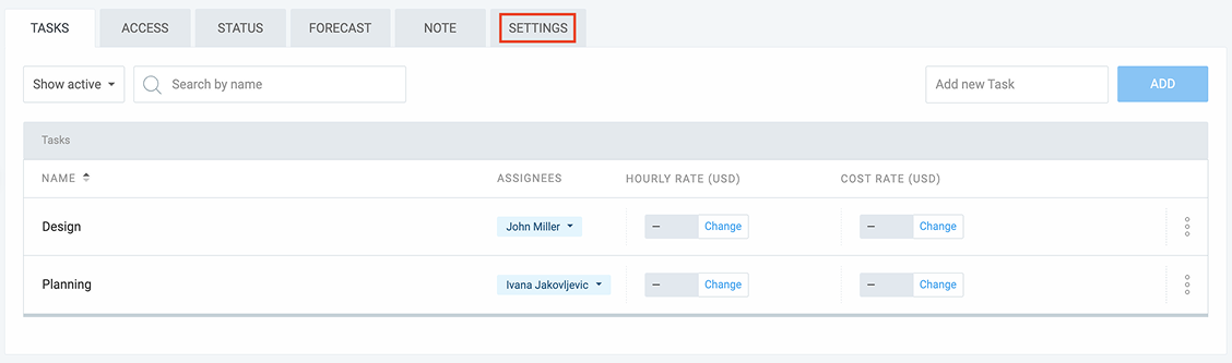 Clockify project settings