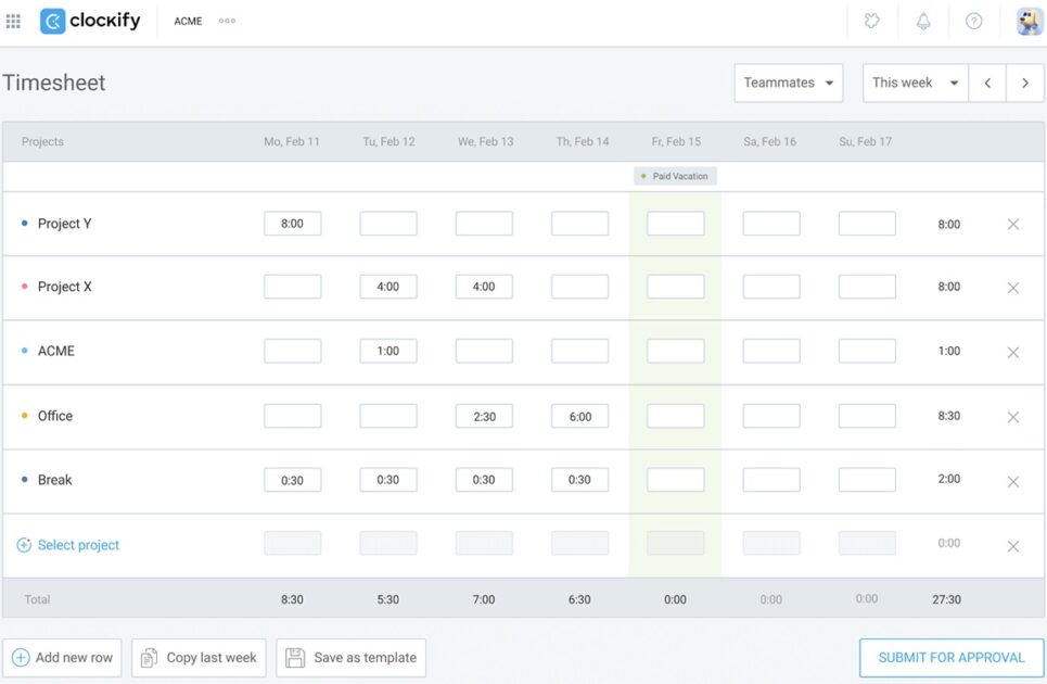 Clockify's timesheets
