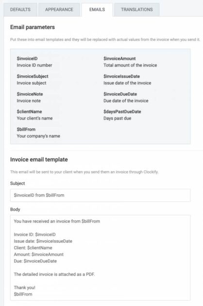 Creating an email template in Clockify