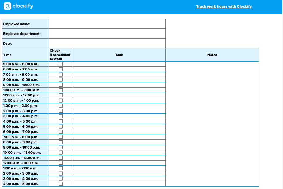 Daily Work Schedule template