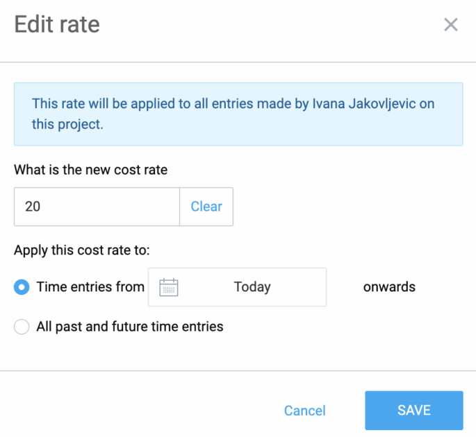 Editing a cost rate in Clockify