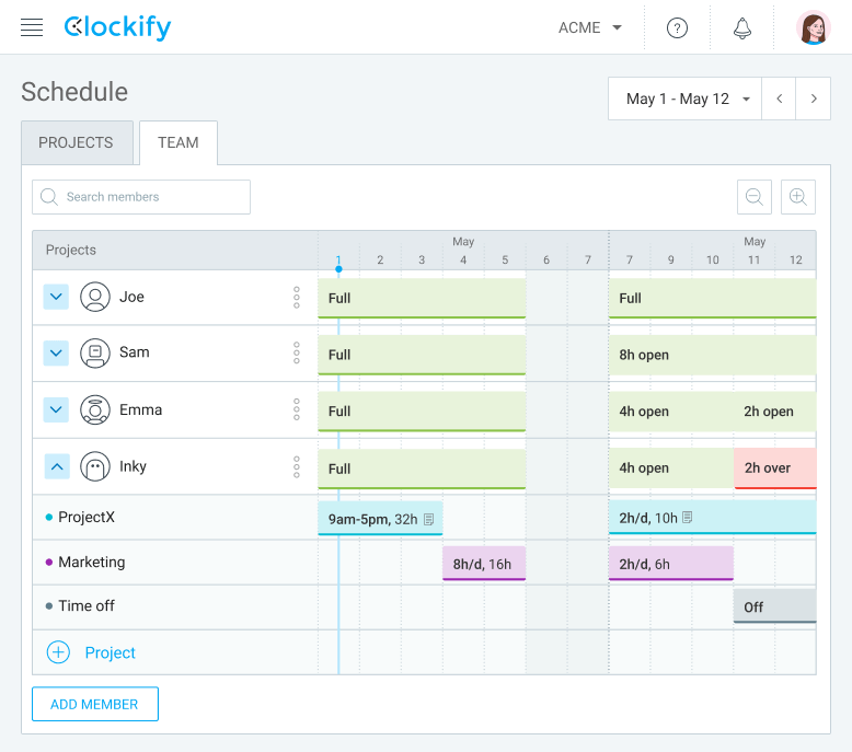 In Clockify, you can look at everyone’s availability and create an efficient schedule