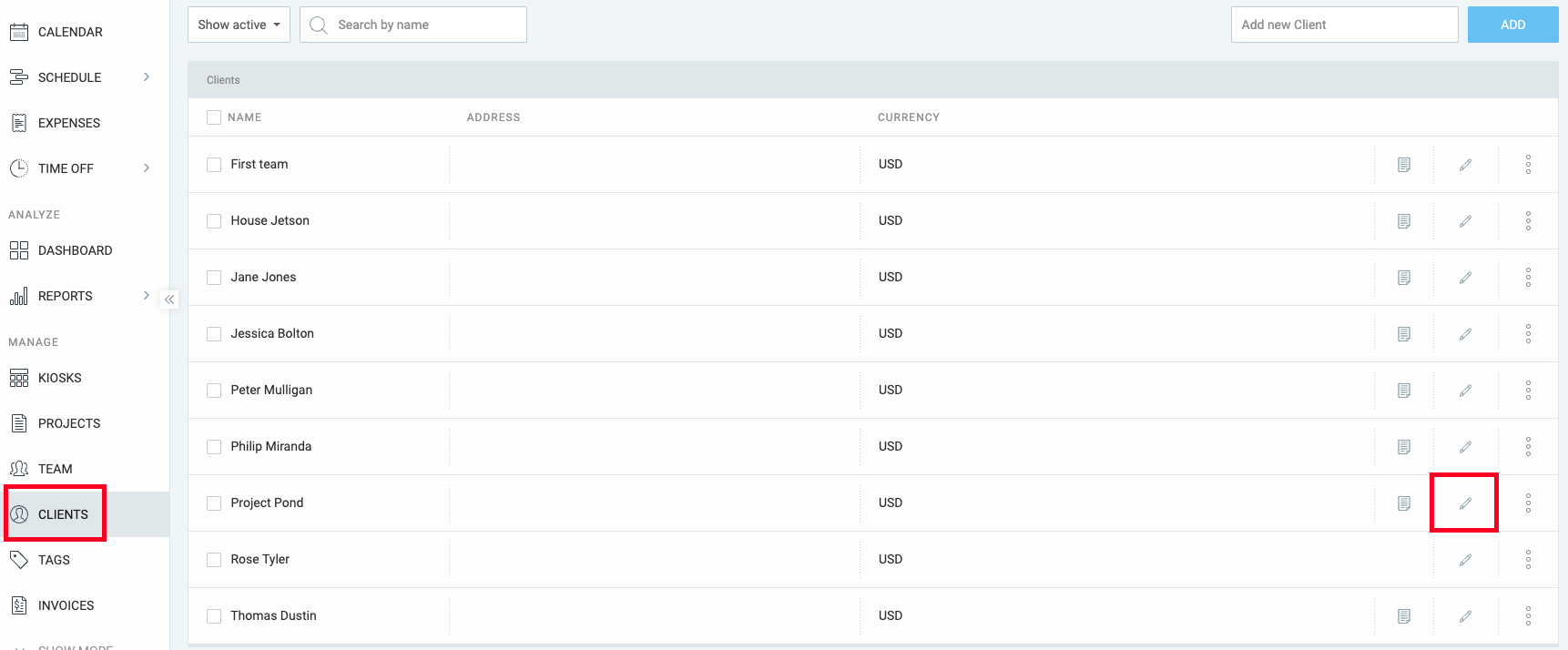 Manage and edit client information from the Clients tab in Clockify
