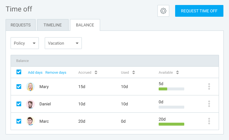 Monitor employee PTO balance in Clockify