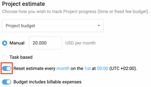 Resetting project estimate in Clockify