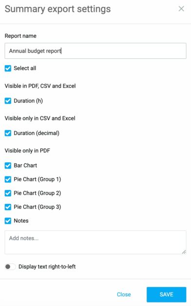 Summary export settings in Clockify