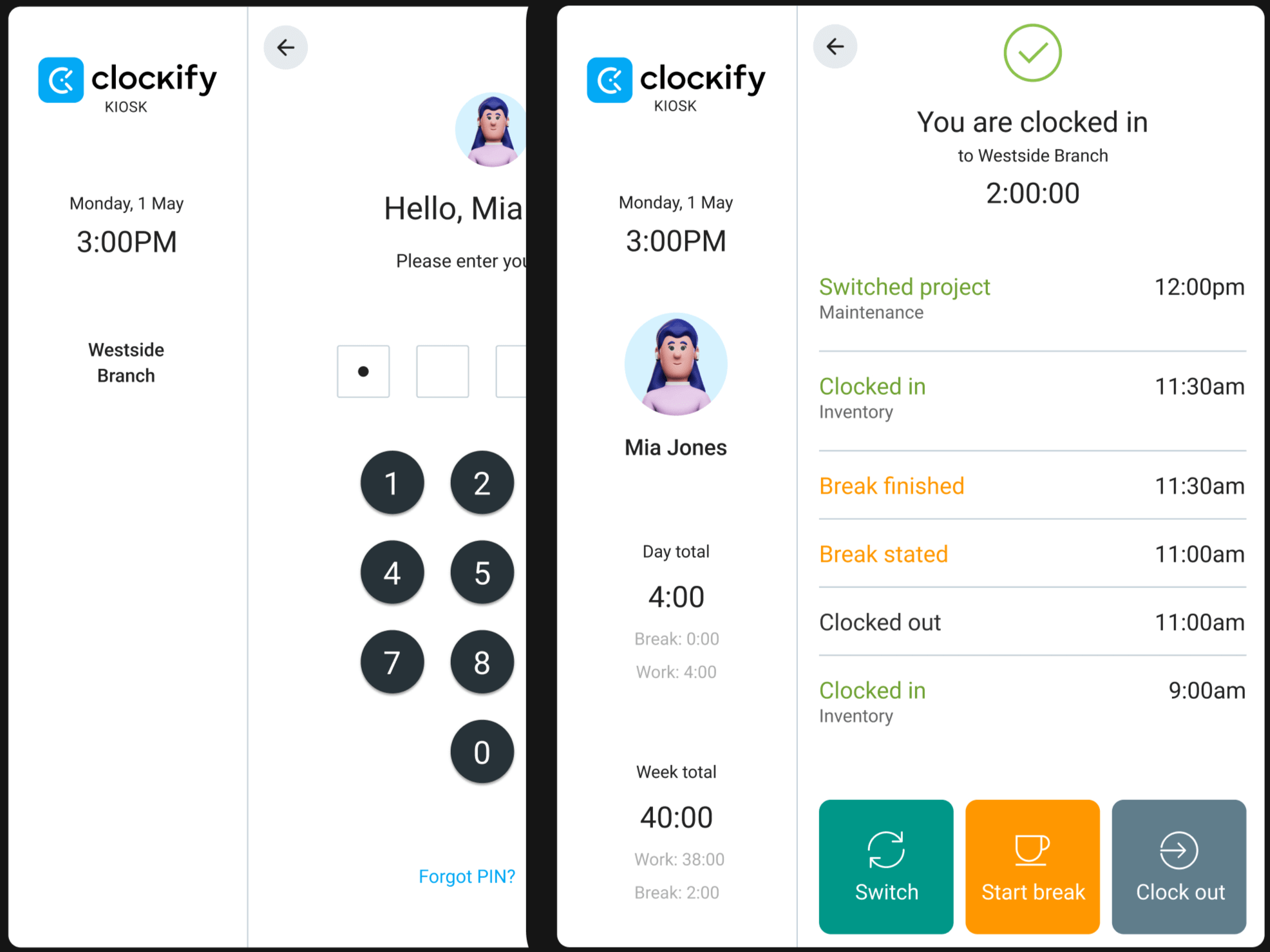 Using a PIN code, employees can track their shifts and ensure visibility