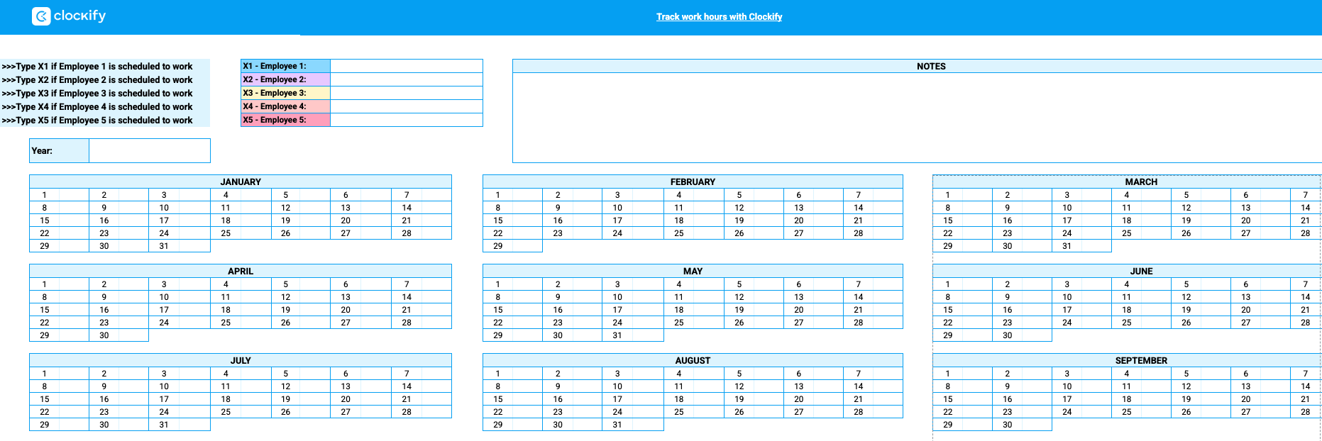 Yearly Work Schedule template