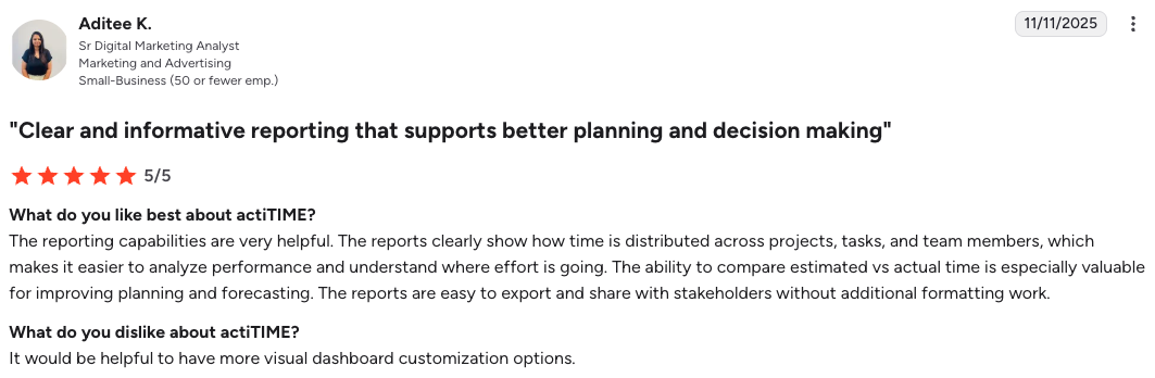 ActiTIME user review on G2