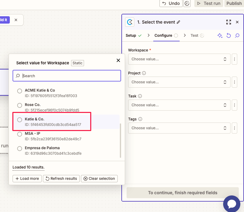 Choosing the Workspace from Clockify