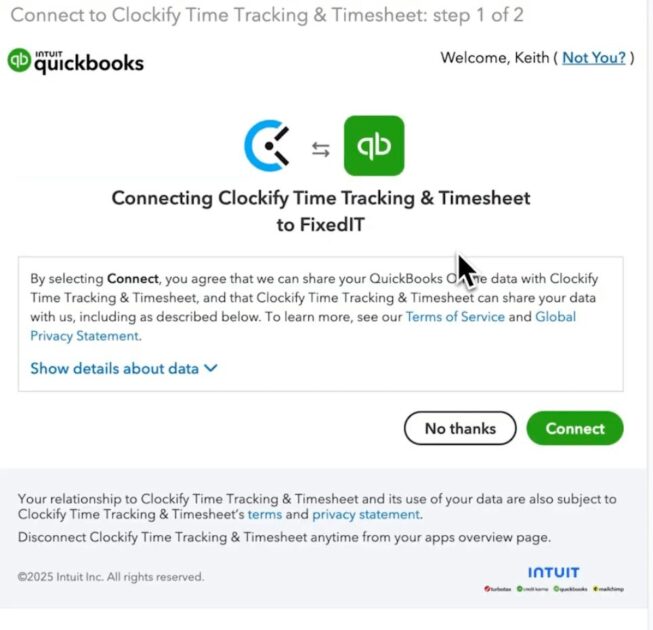 Click Connect to authorize access from Clockify to QuickBooks