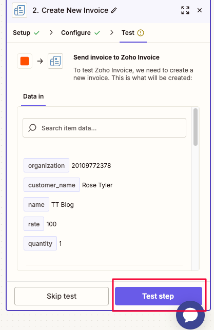 Click the “Test step” button