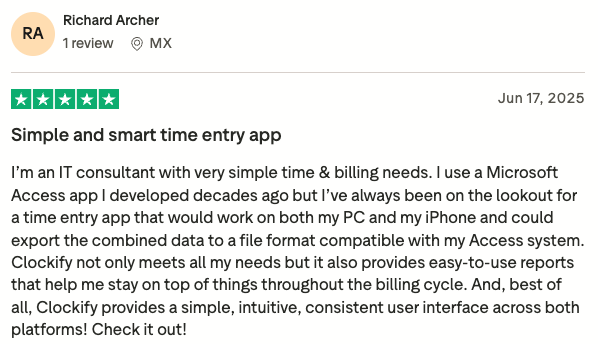 Clockify user review on Trustpilot