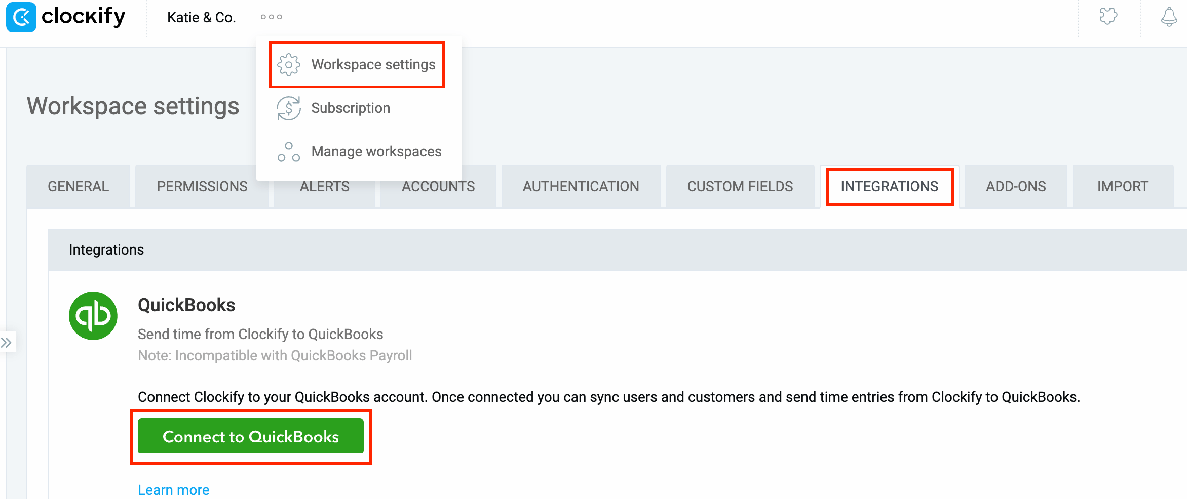 Connect to QuickBooks from Clockify’s Integrations tab