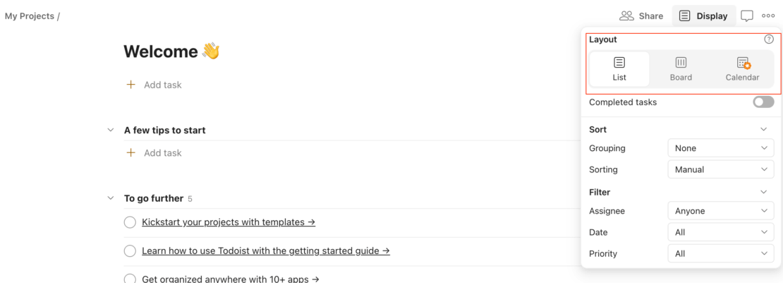 Different layouts in Todoist