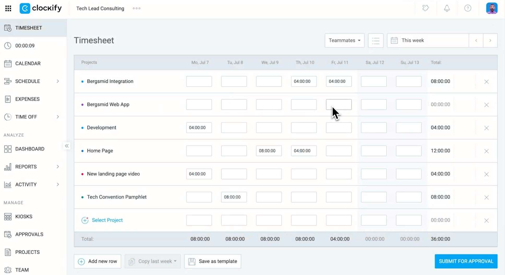 Entering hours manually in Clockify’s timesheet