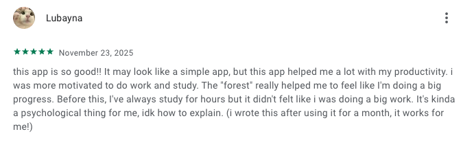 Forest app review on Google Play store