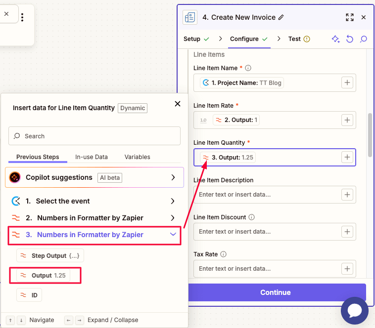 Line Item Quantity output data in Zapier