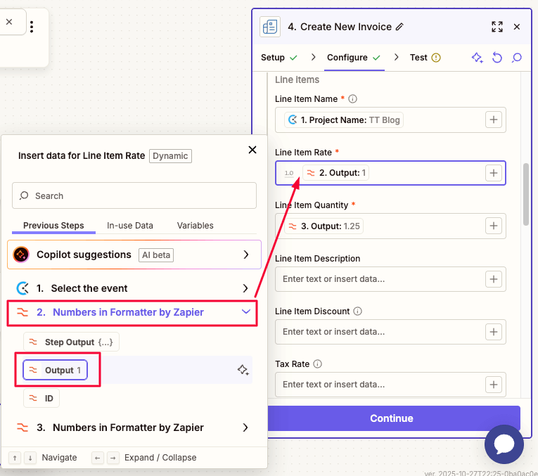 Line Item Rate output data in Zapier