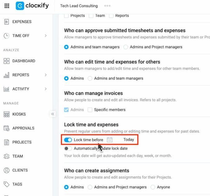 Lock time and expense changes in Clockify