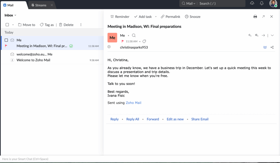 Mail tab in Zoho Mail