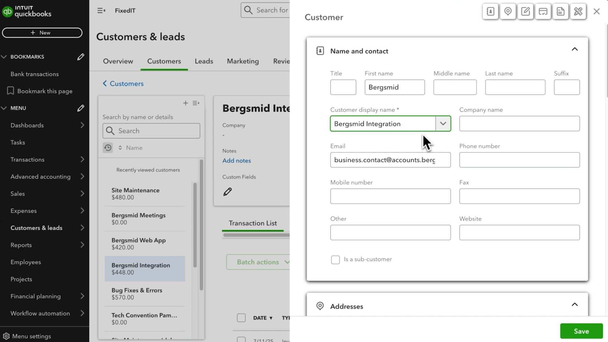 Manually enter new customer information in QuickBooks