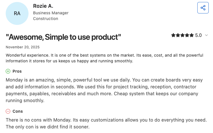 Monday.com user review on Capterra