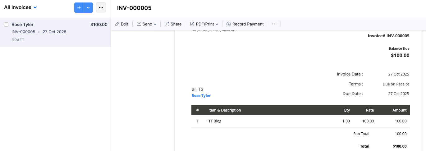 New invoice in Zoho Invoice
