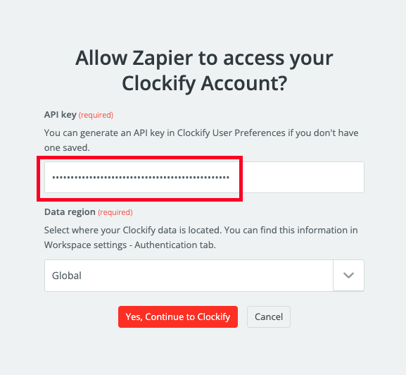 Paste the copied API key in the Zapier prompt