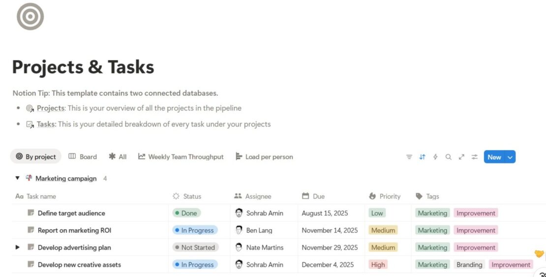 Projects & Tasks template in Notion