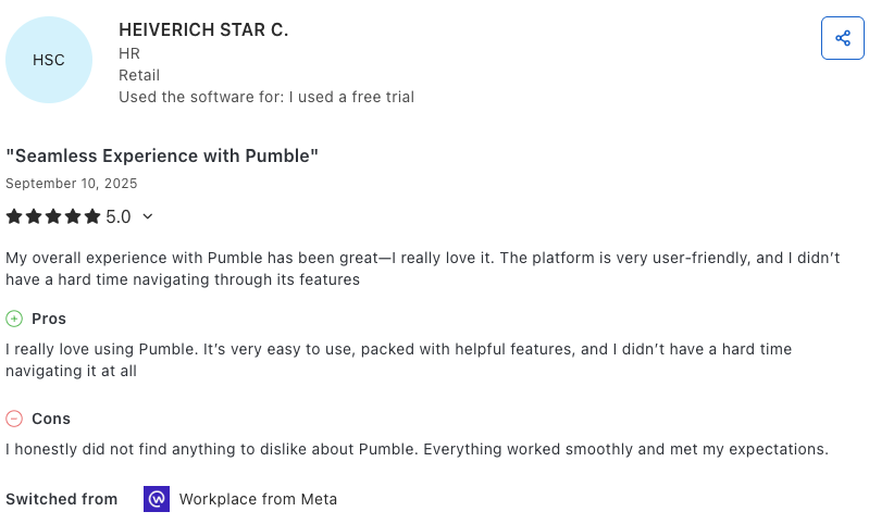 Pumble user review on Capterra