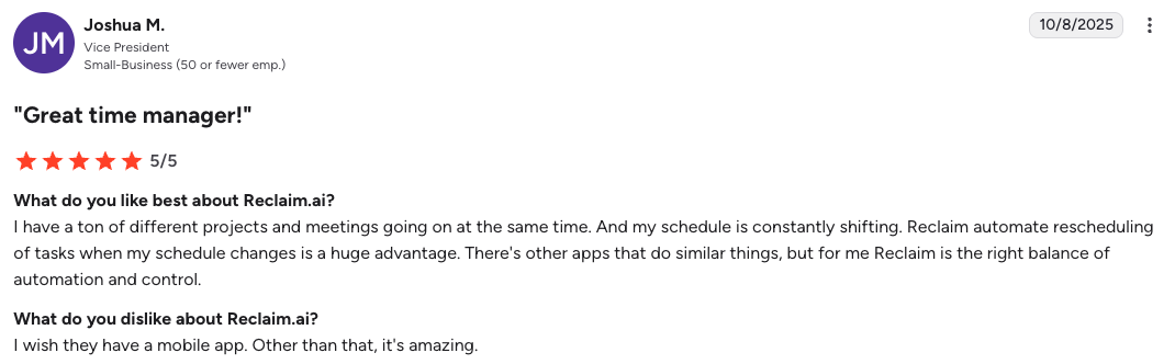 Reclaim.ai user review on G2