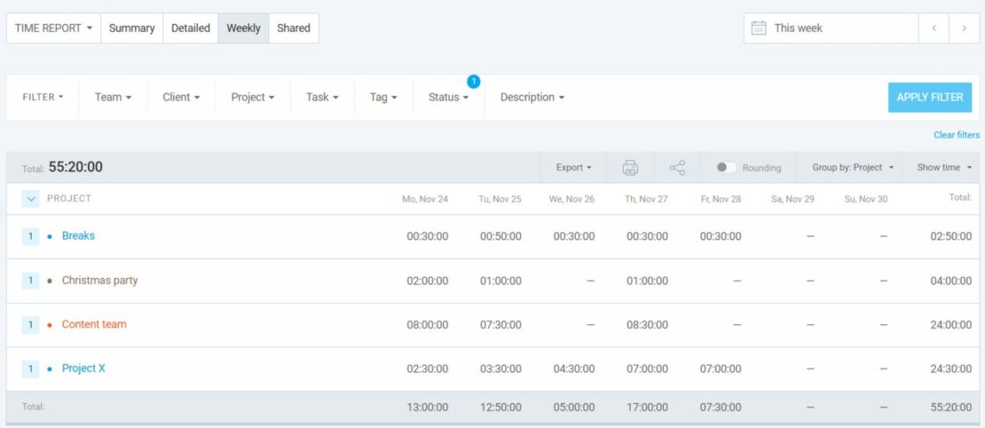 Reporting in Clockify