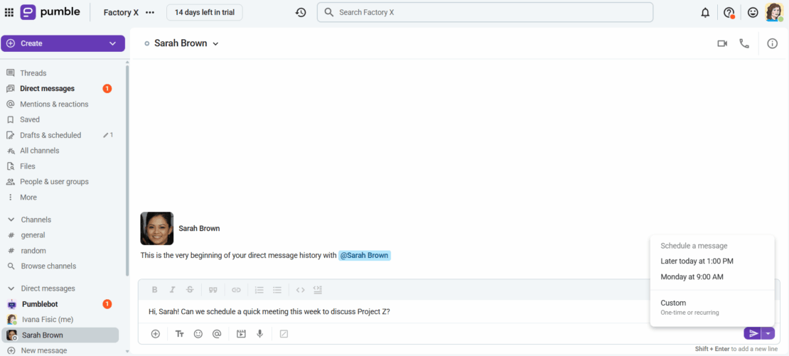 Scheduling messages in Pumble
