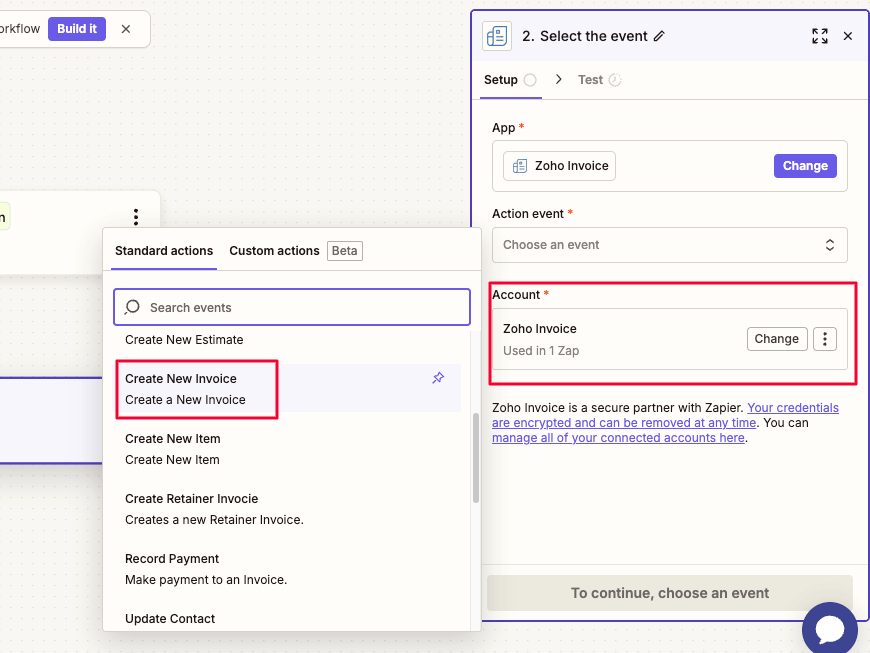 Select “Create New Invoice” as your action event for your Zoho Invoice account